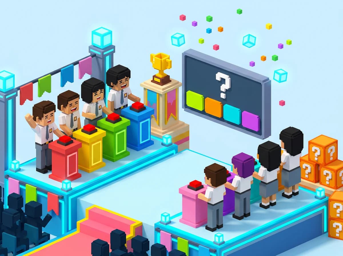Ilustrasi voxel turnamen kuis UAN: dua tim pelajar beradu di podium tombol dengan papan soal